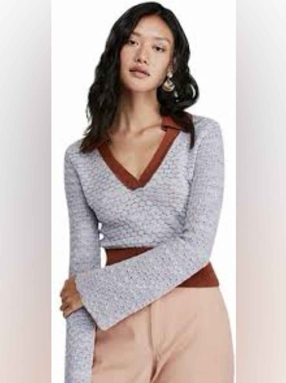 Free People Heather Gray V-Neck Sweater with Brown Trim